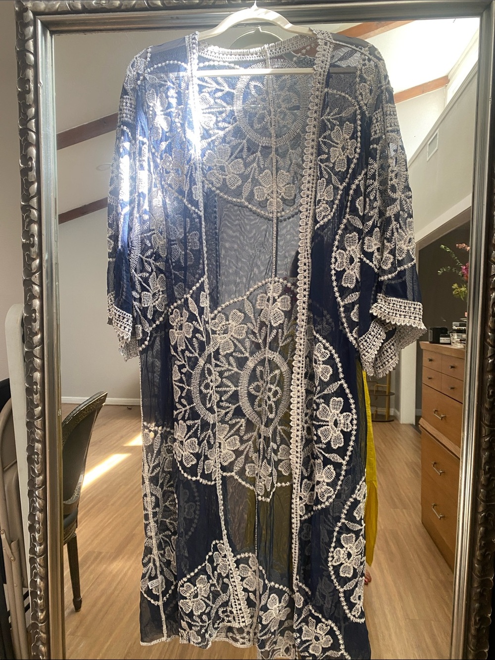 Navy Lace Kimono Cover-Up with White Floral Embroidery
